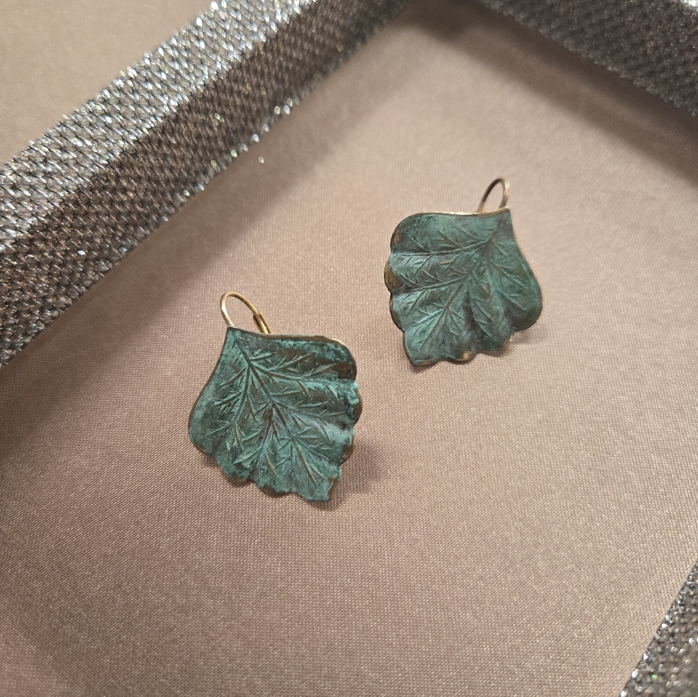 Elaine Coyne Verdigris Patina Brass Leaf Earrings